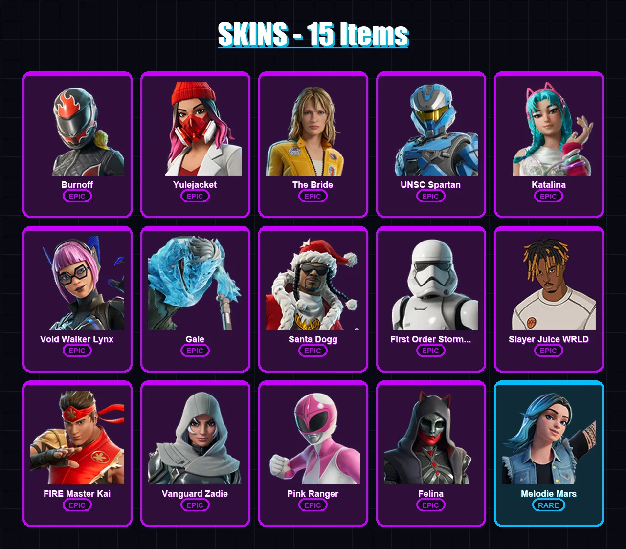 [PC] | Burnoff | Yulejacket | The Bride | UNSC Spartan | Katalina | 15 skin | 58 pickaxe | 28 emote | 35 glider | Lv690 — Fortnite account