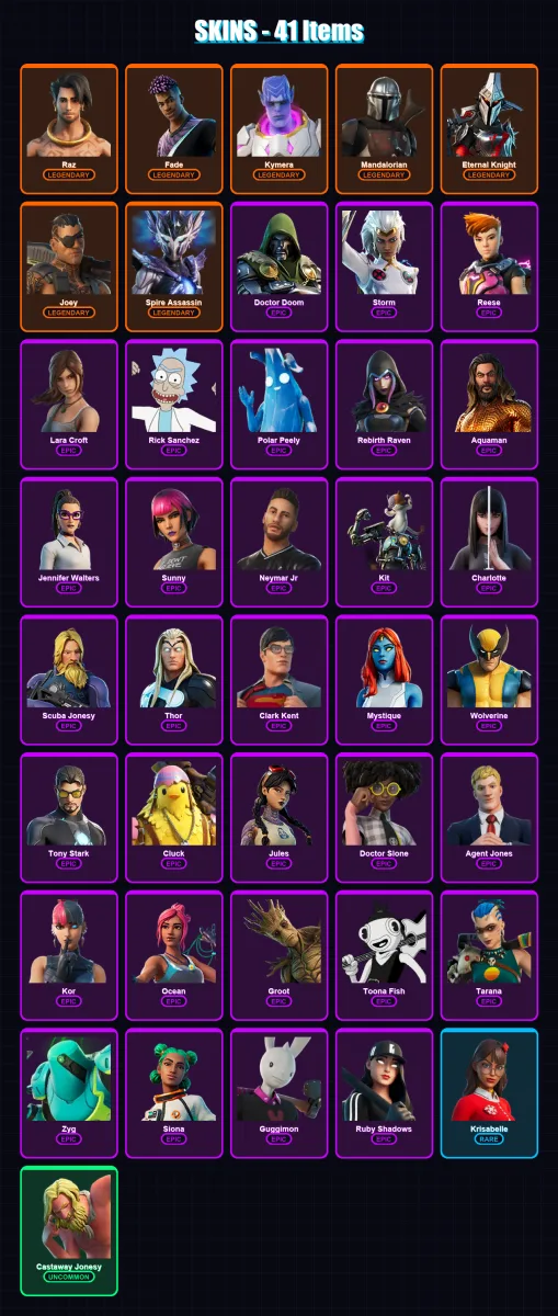 [PS4/PS5/XBOX/PC] | Raz | Fade | Kymera | Mandalorian | Eternal Knight | 41 skin | 49 pickaxe | 39 emote | 50 glider | Lv800