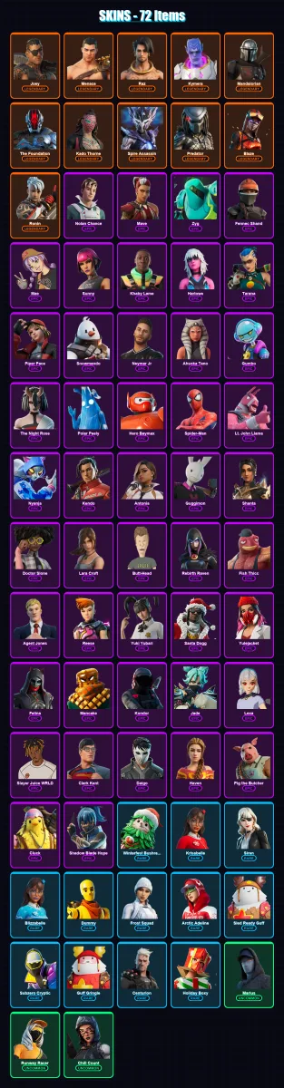 [PC/XBOX] | Joey | Menace | Raz | Kymera | Mandalorian | 72 skin | 122 pickaxe | 83 emote | 100 glider | Lv2041