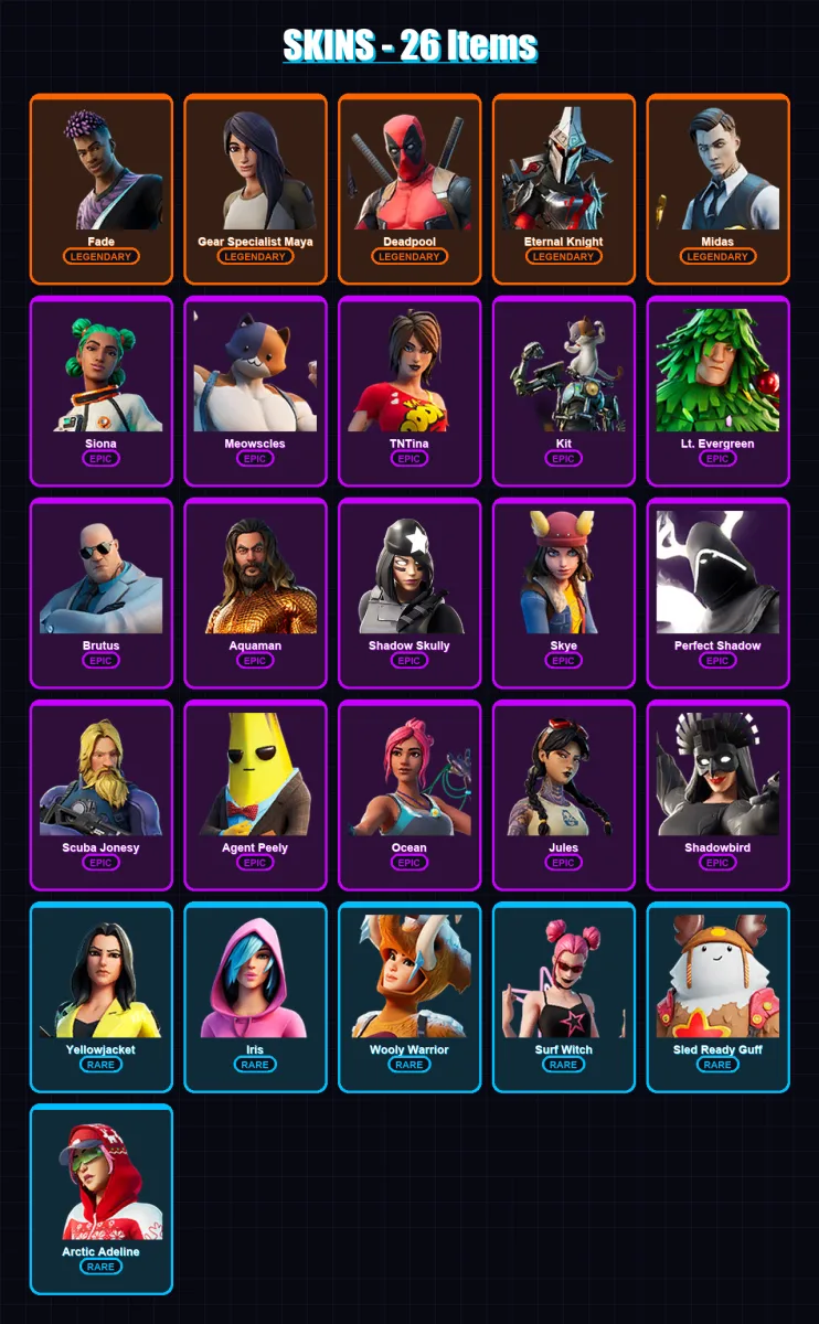 [SWITCH/XBOX/PC] | Fade | Gear Specialist Maya | Deadpool | Eternal Knight | Midas | 26 skin | 44 pickaxe | 46 emote | 51 glider | Lv831