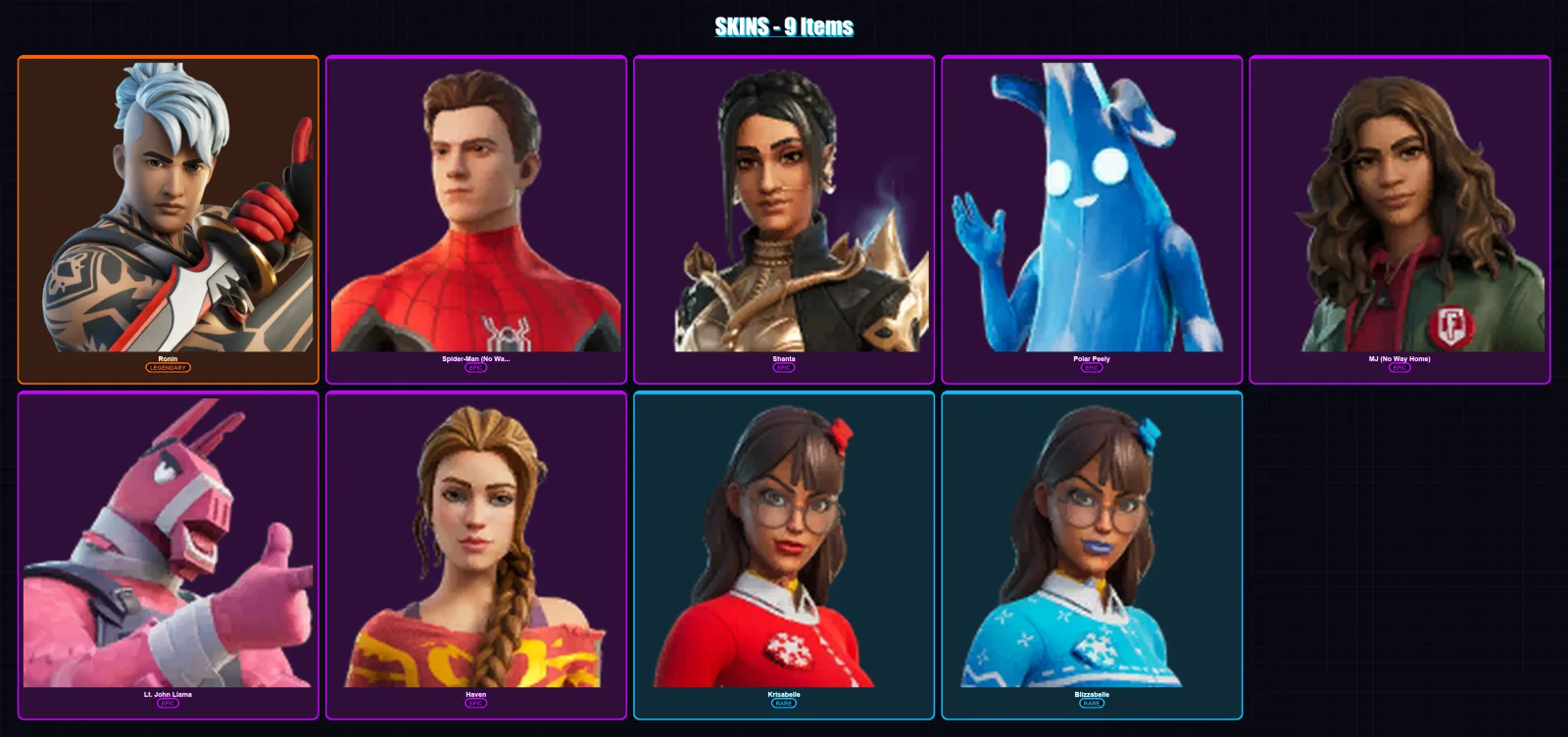 [PC/XBOX/PSN] | Ronin | Spider-Man (No Way Home) | Shanta | Polar Peely | MJ (No Way Home) | 9 skin | 8 pickaxe | 9 emote | 9 glider | Lv66