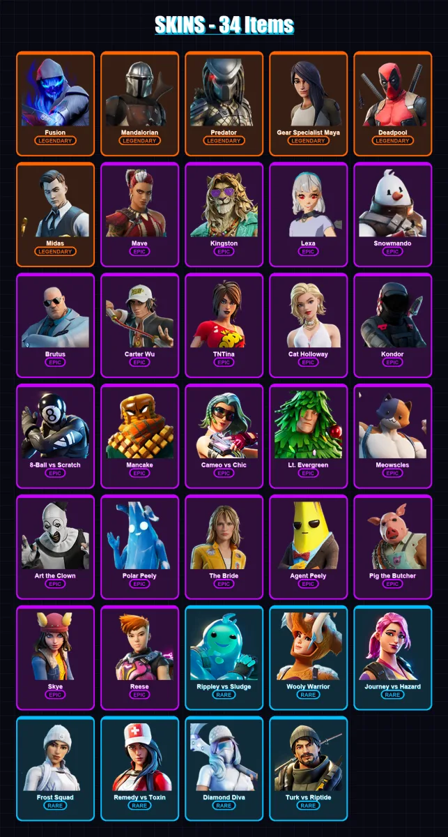 [PC/XBOX] | Fusion | Mandalorian | Predator | Gear Specialist Maya | Deadpool | 34 skin | 56 pickaxe | 51 emote | 50 glider | Lv687