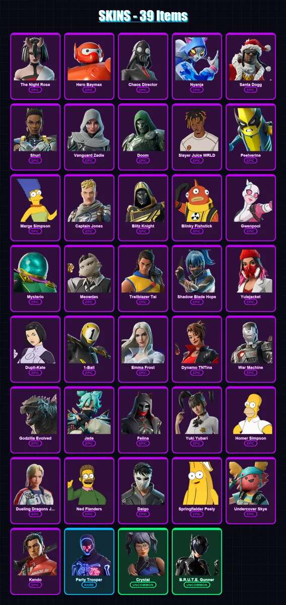[PS4/PS5/XBOX/PC] | The Night Rose | Hero Baymax | Chaos Director | Nyanja | Santa Dogg | 39 skin | 110 pickaxe | 67 emote | 74 glider | Lv1708
