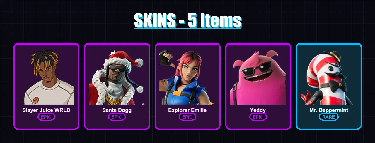 [PS4/PS5/XBOX/PC] | Slayer Juice WRLD | Santa Dogg | Explorer Emilie | Yeddy | Mr. Dappermint | 5 skin | 23 pickaxe | 7 emote | 14 glider | Lv170