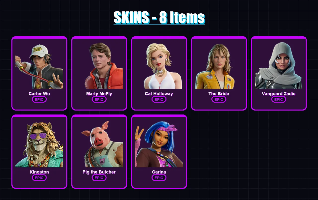 [PC/XBOX/PSN] | Carter Wu | Marty McFly | Cat Holloway | The Bride | Vanguard Zadie | 8 skin | 31 pickaxe | 18 emote | 23 glider | Lv240