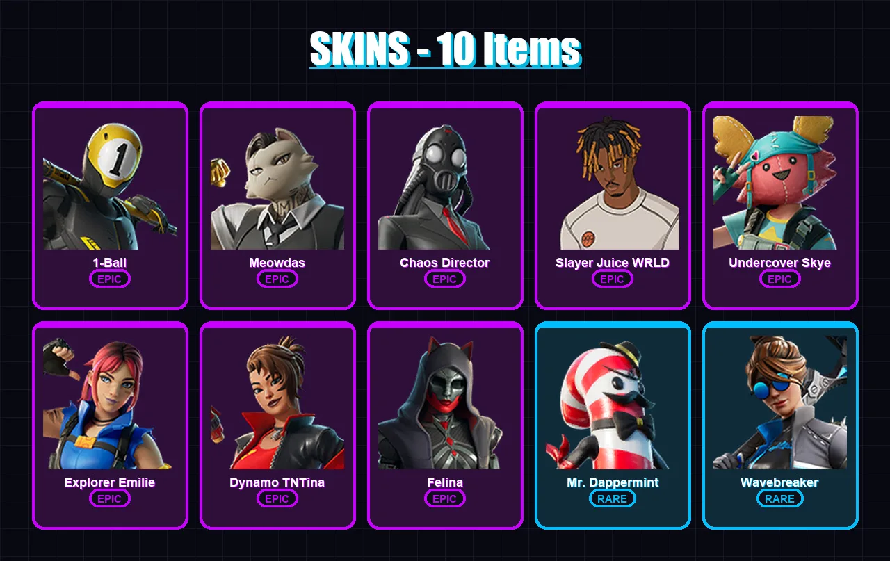 [PC/XBOX/PSN] | 1-Ball | Meowdas | Chaos Director | Slayer Juice WRLD | Undercover Skye | 10 skin | 18 pickaxe | 8 emote | 13 glider | Lv114