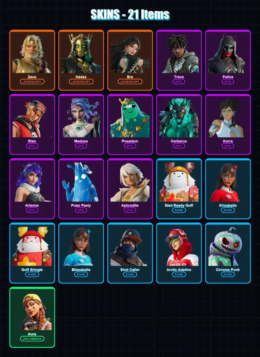 [PC/XBOX/PSN] | Zeus | Hades | Era | Trace | Felina | 21 skin | 29 pickaxe | 26 emote | 32 glider | Lv518 — Fortnite account