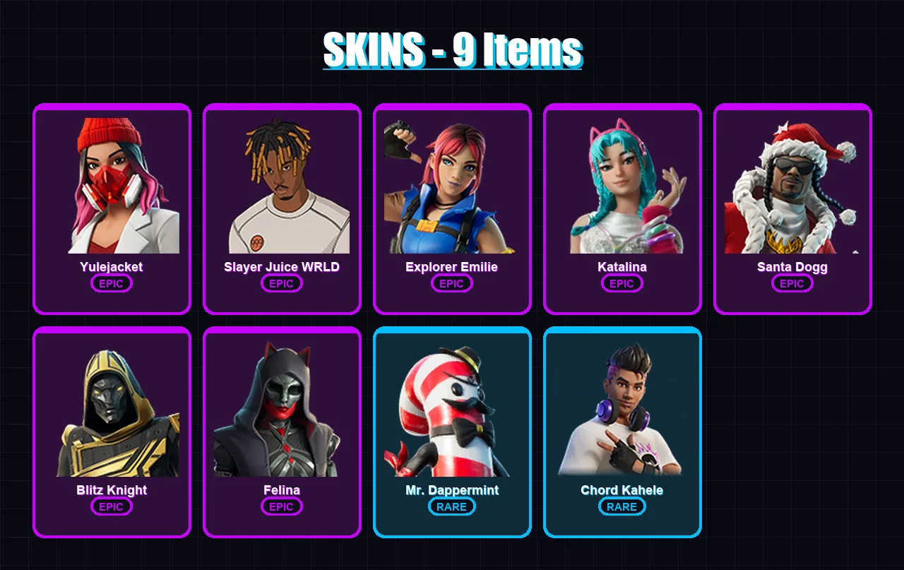 [PC/XBOX] | Yulejacket | Slayer Juice WRLD | Explorer Emilie | Katalina | Santa Dogg | 9 skin | 28 pickaxe | 11 emote | 13 glider | Lv172
