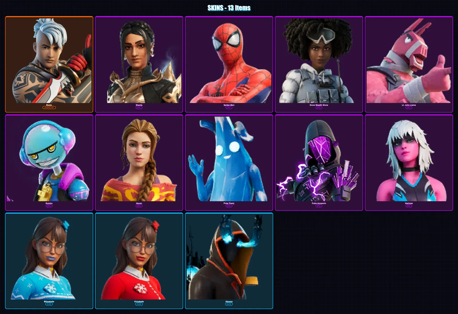 [PC/XBOX/PSN] | Ronin | Shanta | Spider-Man | Snow Stealth Slone | Lt. John Llama | 13 skin | 15 pickaxe | 9 emote | 12 glider | Lv105 — Fortnite account