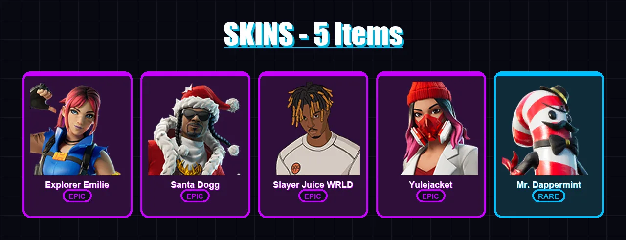 [PC/XBOX/PSN] | Explorer Emilie | Santa Dogg | Slayer Juice WRLD | Yulejacket | Mr. Dappermint | 5 skin | 19 pickaxe | 8 emote | 12 glider | Lv103