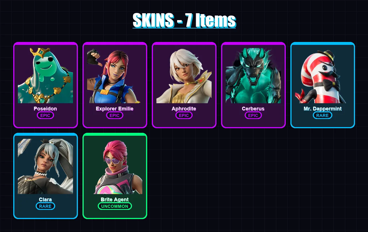 [PC/PSN] | Poseidon | Explorer Emilie | Aphrodite | Cerberus | Mr. Dappermint | 7 skin | 9 pickaxe | 9 emote | 9 glider | Lv133