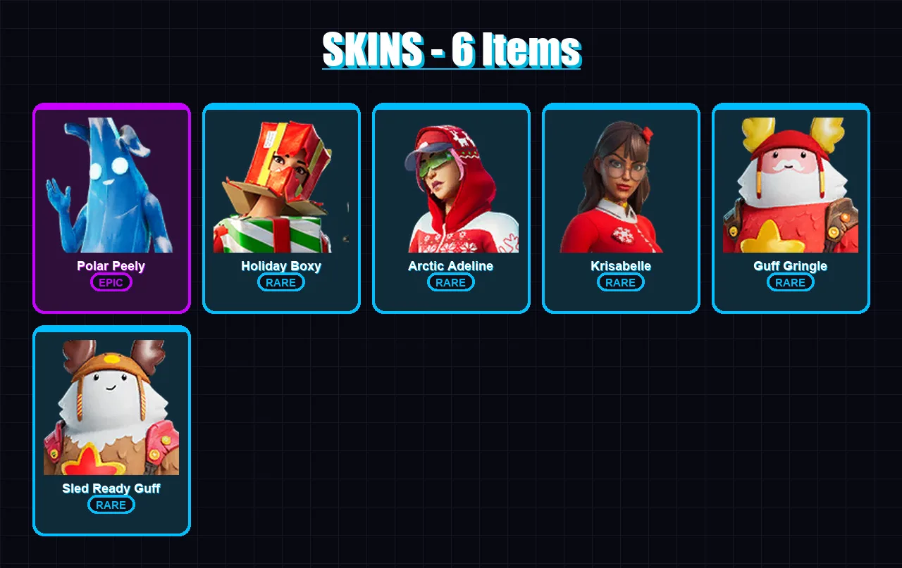 [PC/XBOX] | Polar Peely | Holiday Boxy | Arctic Adeline | Krisabelle | Guff Gringle | 6 skin | 9 pickaxe | 7 emote | 7 glider | Lv65