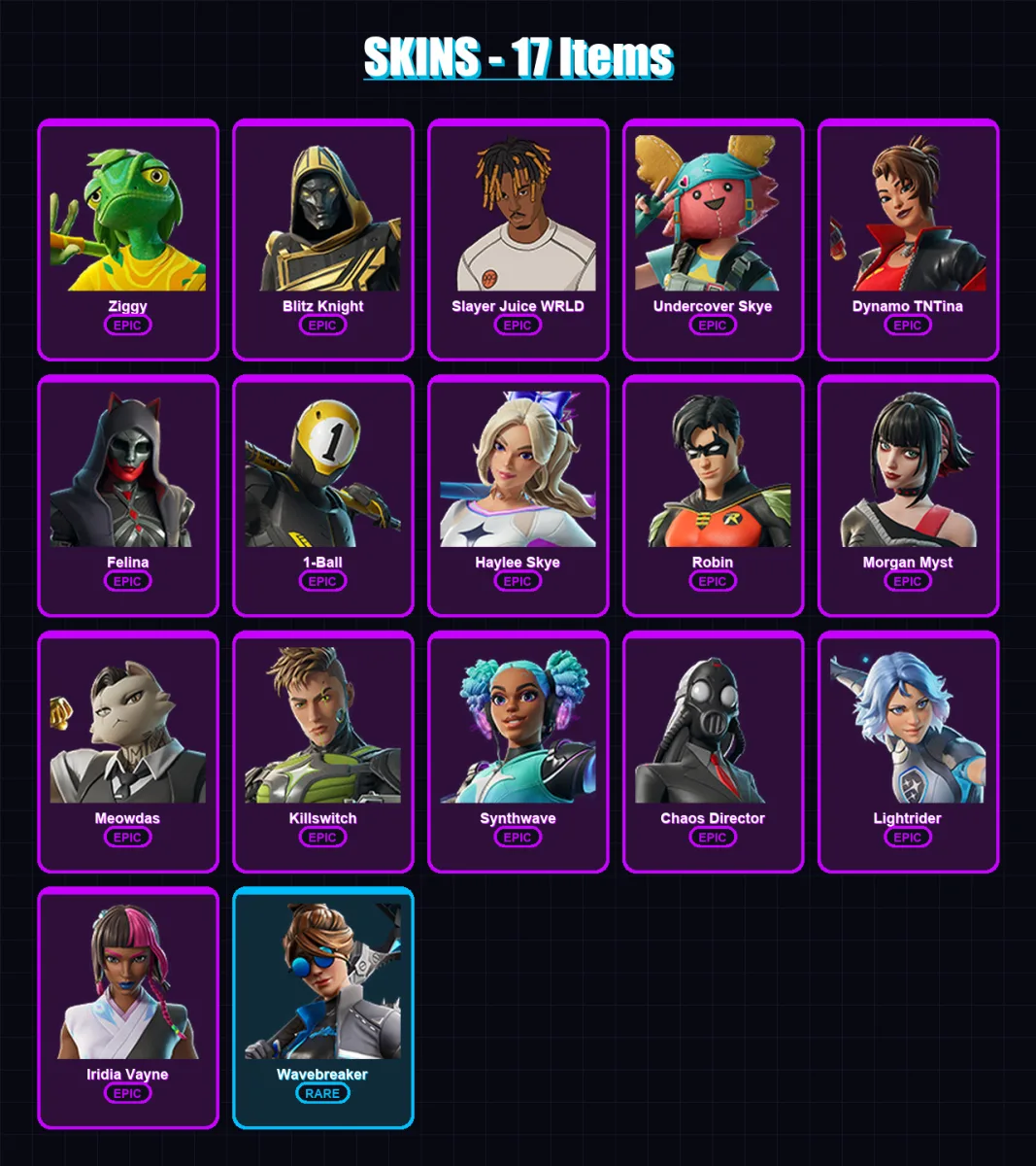 [PC/PSN] | Ziggy | Blitz Knight | Slayer Juice WRLD | Undercover Skye | Dynamo TNTina | 17 skin | 37 pickaxe | 17 emote | 22 glider | Lv379
