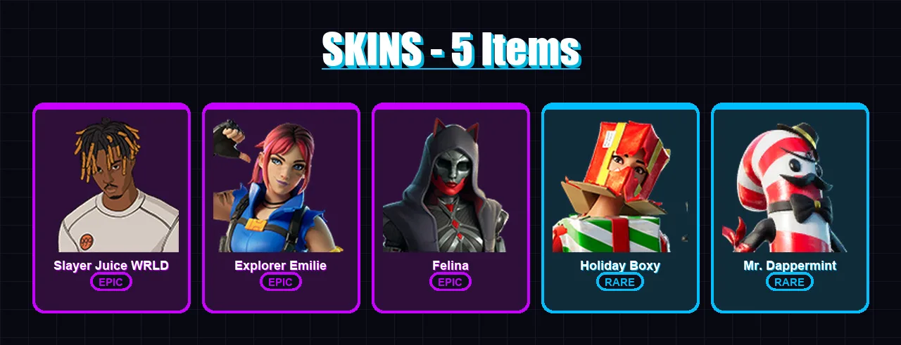[PC/XBOX/PSN] | Slayer Juice WRLD | Explorer Emilie | Felina | Holiday Boxy | Mr. Dappermint | 5 skin | 17 pickaxe | 7 emote | 15 glider | Lv186