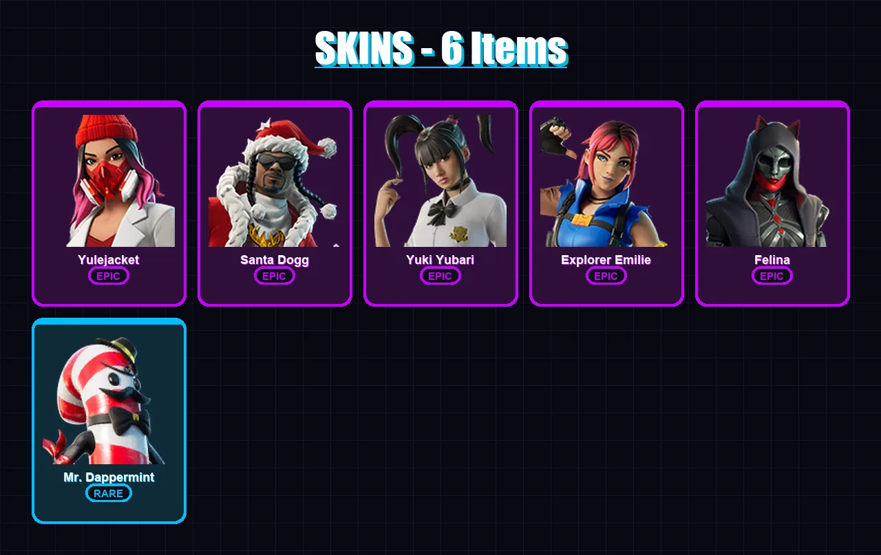[PS4/PS5/XBOX/PC] | Yulejacket | Santa Dogg | Yuki Yubari | Explorer Emilie | Felina | 6 skin | 29 pickaxe | 15 emote | 20 glider | Lv540