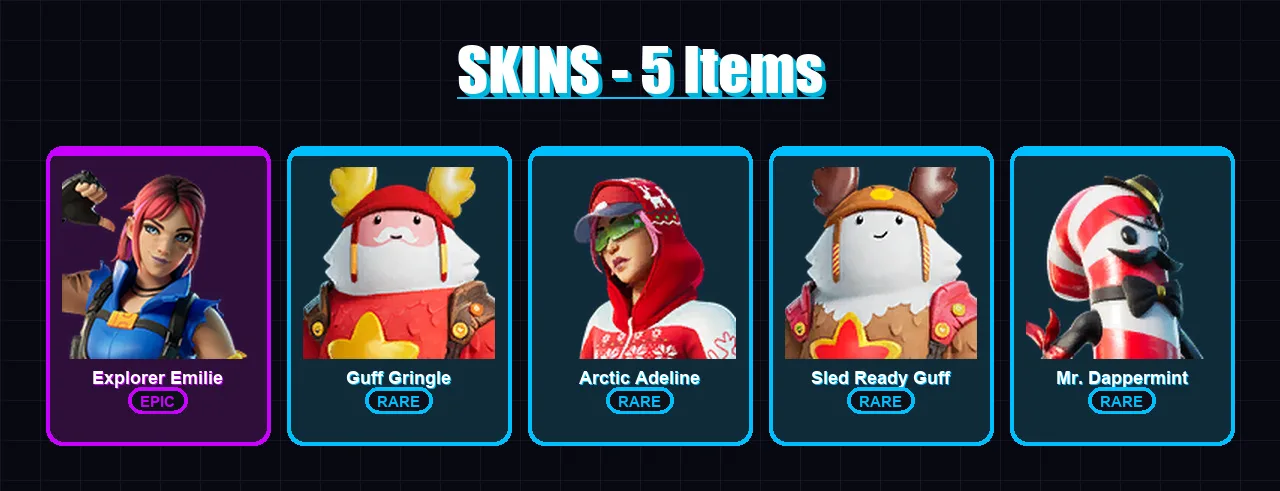 [PC/XBOX/PSN] | Explorer Emilie | Guff Gringle | Arctic Adeline | Sled Ready Guff | Mr. Dappermint | 5 skin | 5 pickaxe | 4 emote | 9 glider | Lv57