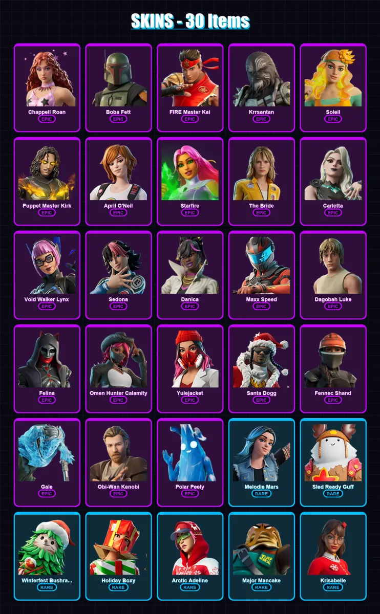 [PC/PSN] | Chappell Roan | Boba Fett | FIRE Master Kai | Krrsantan | Soleil | 30 skin | 53 pickaxe | 29 emote | 41 glider | Lv433