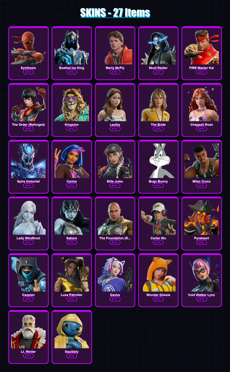 [PC/PSN] | Synthesis | Exalted Ice King | Marty McFly | Skull Raider | FIRE Master Kai | 27 skin | 40 pickaxe | 27 emote | 29 glider | Lv297