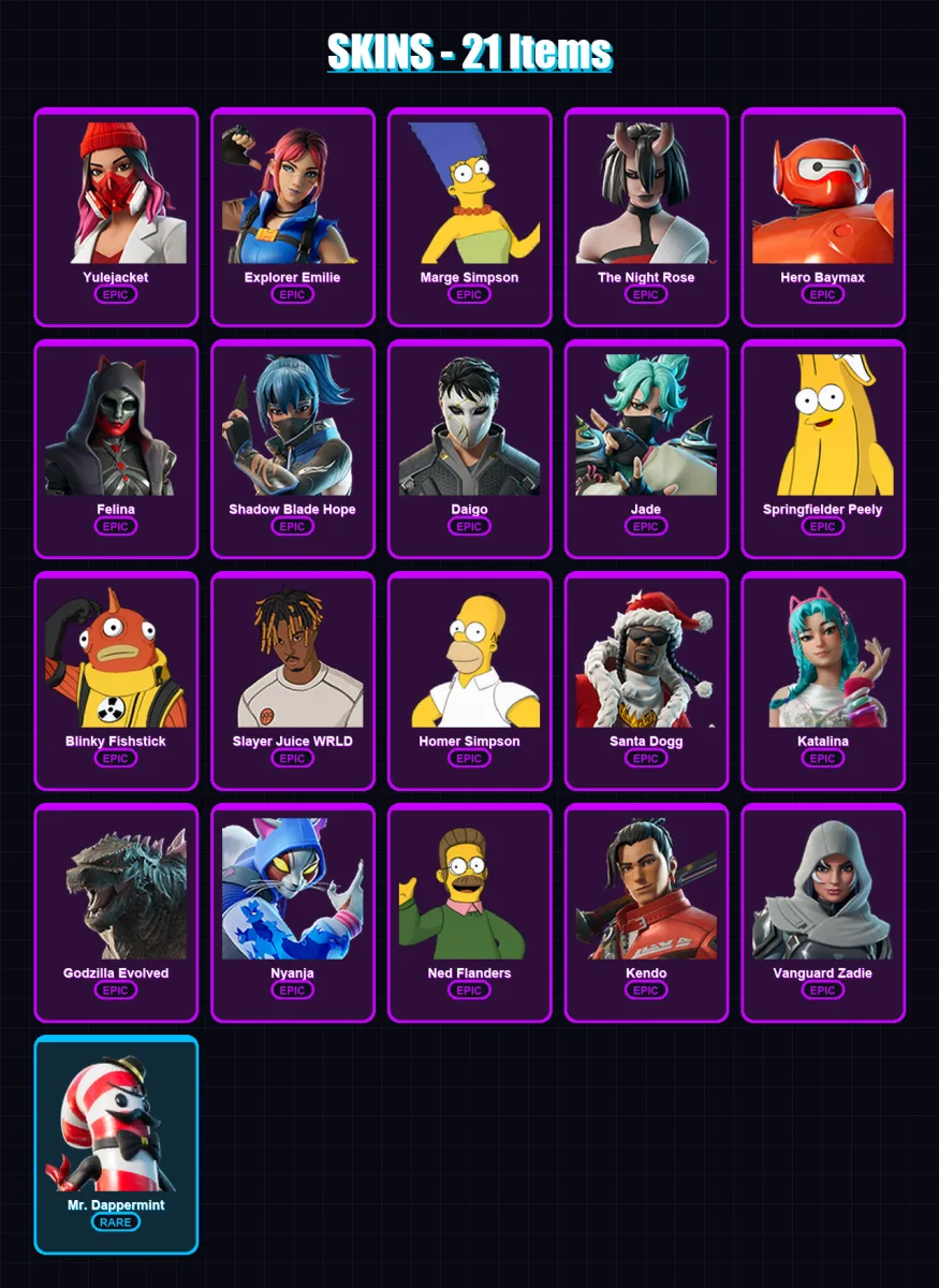 [PC/XBOX/PSN] | Yulejacket | Explorer Emilie | Marge Simpson | The Night Rose | Hero Baymax | 21 skin | 66 pickaxe | 30 emote | 47 glider | Lv902