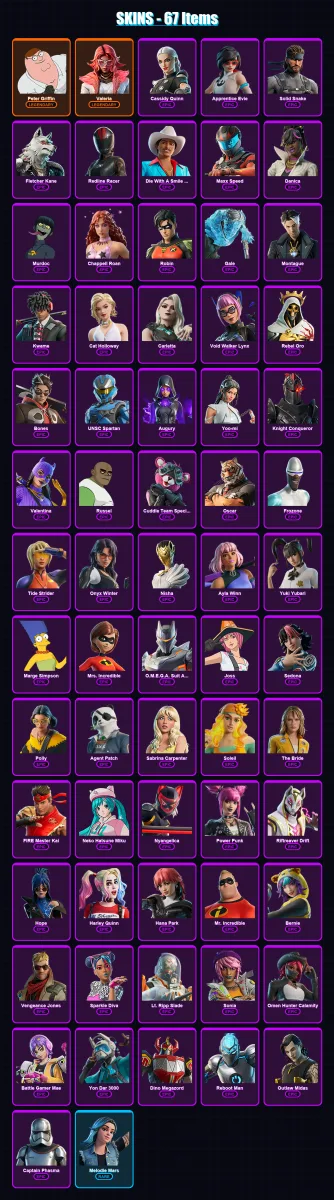 [PC/XBOX/PSN] | Peter Griffin | Valeria | Cassidy Quinn | Apprentice Evie | Solid Snake | 67 skin | 70 pickaxe | 52 emote | 41 glider | Lv359
