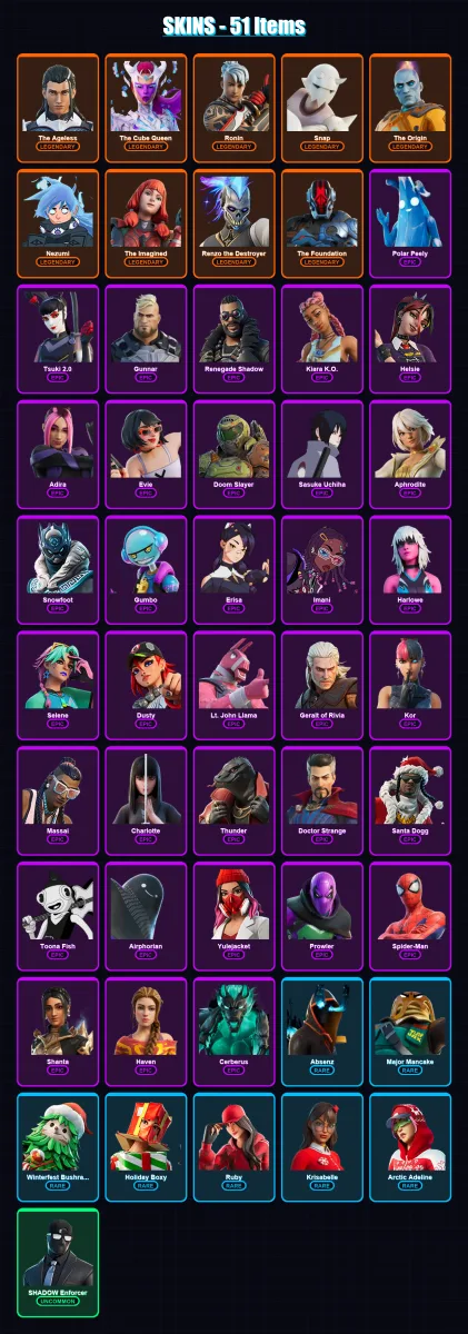 [PS4/PS5/XBOX/PC] | The Ageless | The Cube Queen | Ronin | Snap | The Origin | 51 skin | 72 pickaxe | 41 emote | 65 glider | Lv808