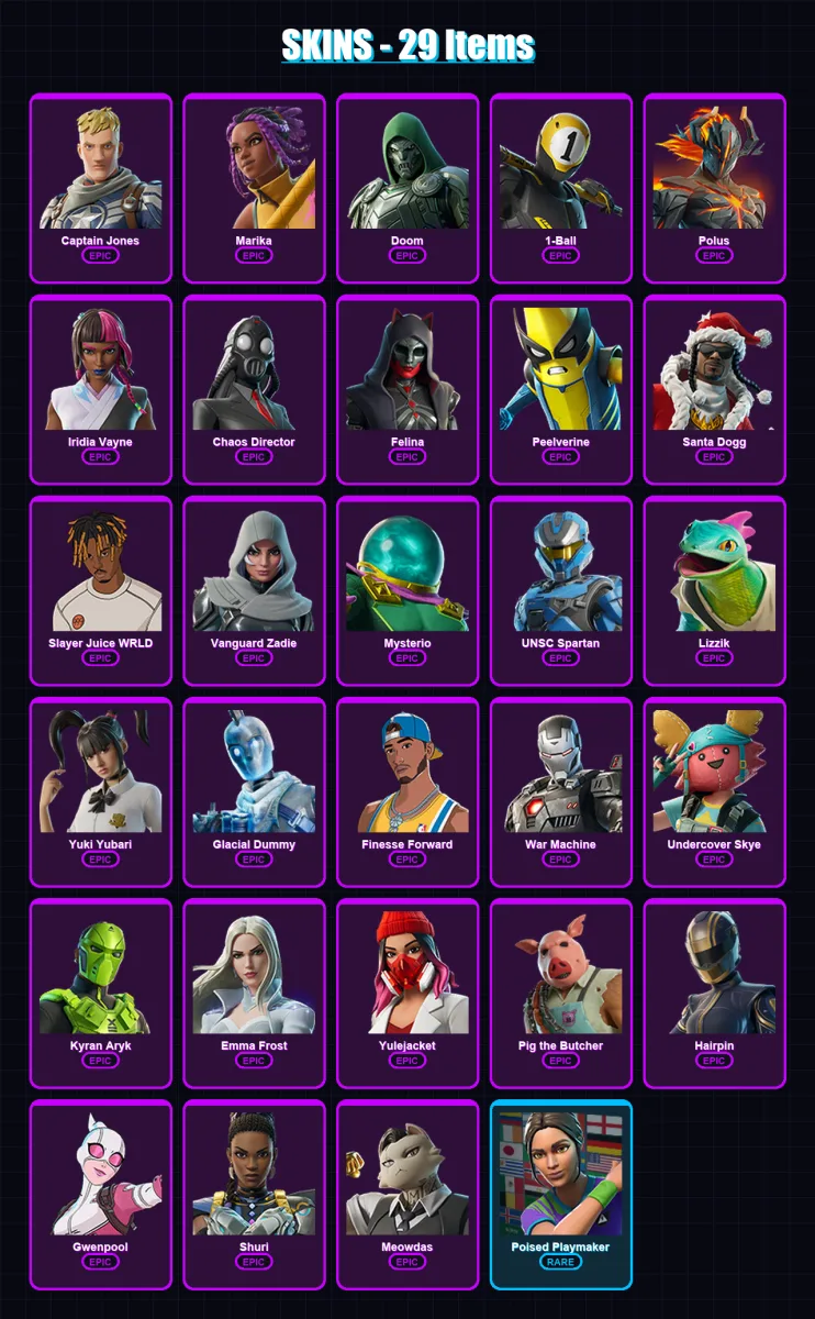 [PC/XBOX/PSN] | Captain Jones | Marika | Doom | 1-Ball | Polus | 29 skin | 108 pickaxe | 48 emote | 61 glider | Lv1467