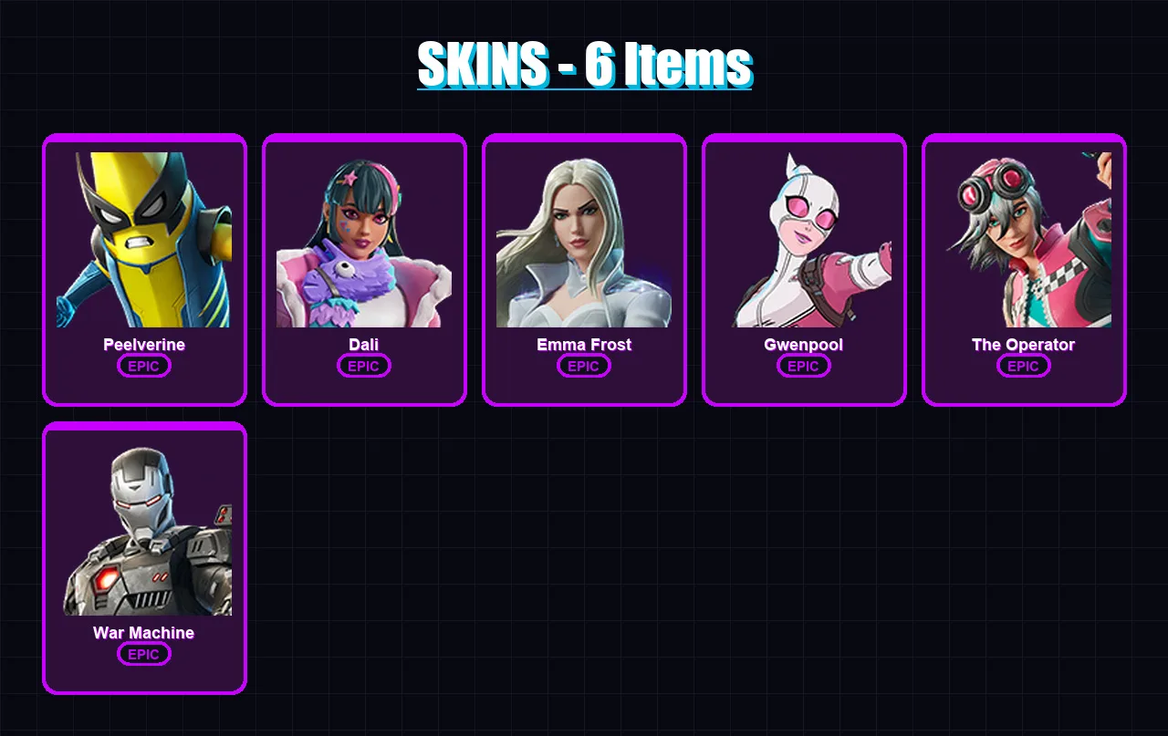 [PC/XBOX/PSN] | Peelverine | Dali | Emma Frost | Gwenpool | The Operator | 6 skin | 6 pickaxe | 7 emote | 6 glider | Lv50