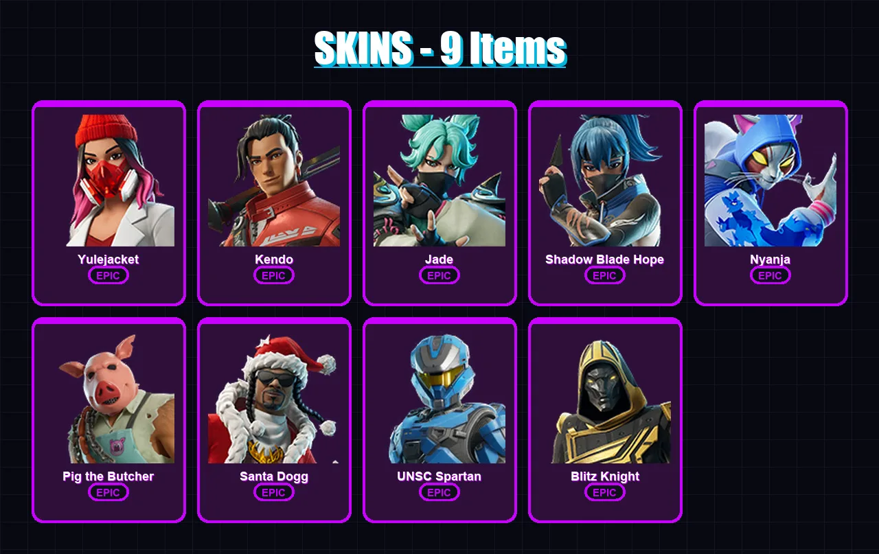 [PC/XBOX/PSN] | Yulejacket | Kendo | Jade | Shadow Blade Hope | Nyanja | 9 skin | 55 pickaxe | 25 emote | 33 glider | Lv430