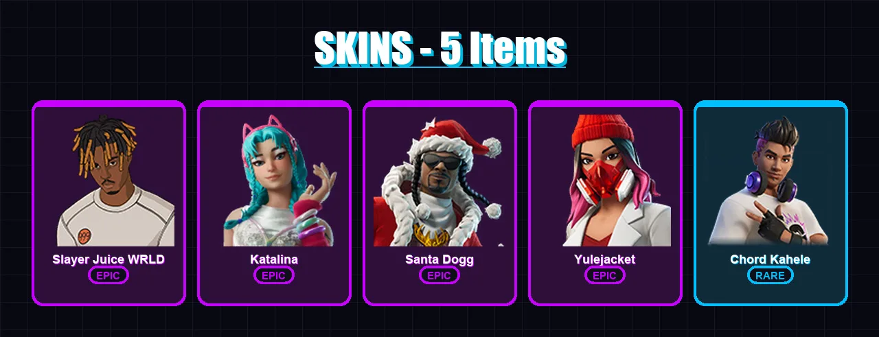 [PC/XBOX/PSN] | Slayer Juice WRLD | Katalina | Santa Dogg | Yulejacket | Chord Kahele | 5 skin | 26 pickaxe | 13 emote | 17 glider | Lv163