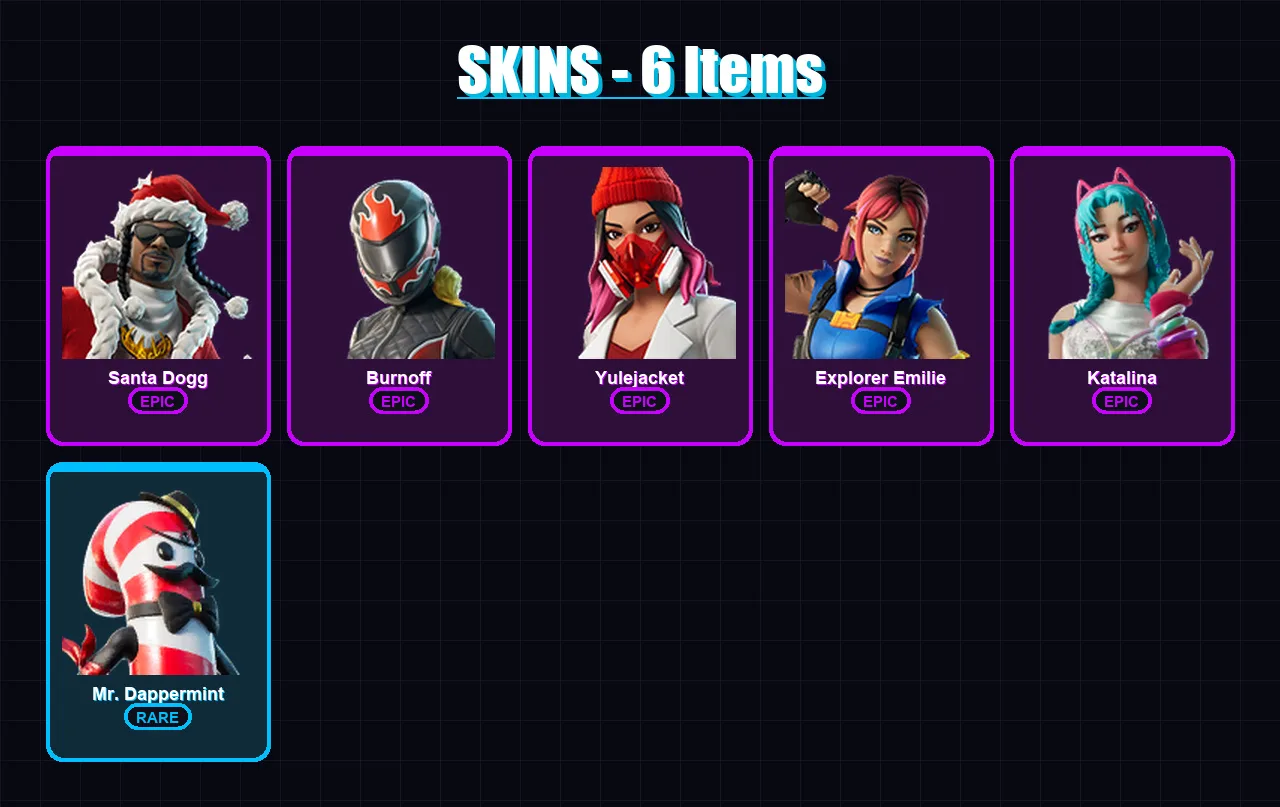 [PC/XBOX/PSN] | Santa Dogg | Burnoff | Yulejacket | Explorer Emilie | Katalina | 6 skin | 19 pickaxe | 6 emote | 11 glider | Lv67