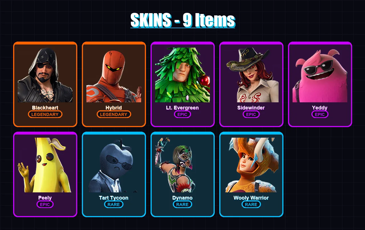 [PC/XBOX/PSN] | Blackheart | Hybrid | Lt. Evergreen | Sidewinder | Yeddy | 9 skin | 21 pickaxe | 33 emote | 30 glider | Lv558