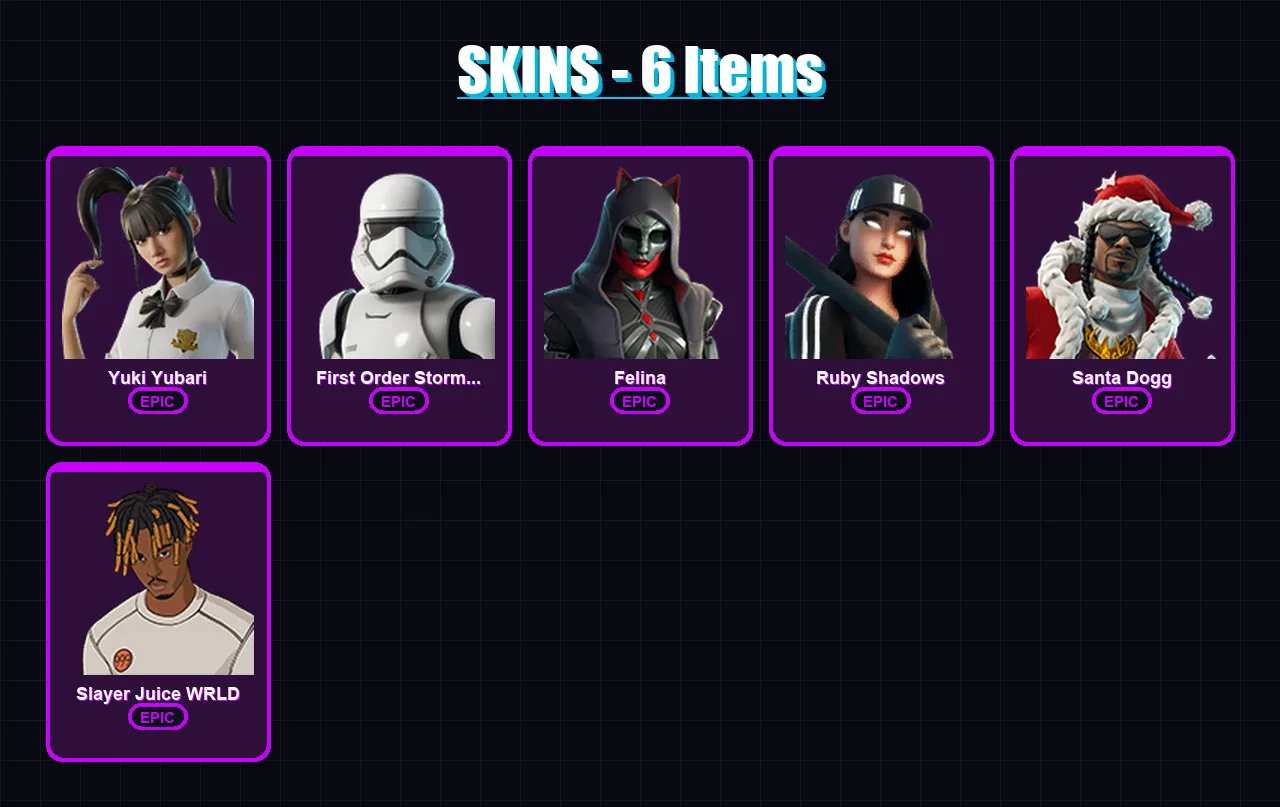 [PC/XBOX/PSN] | Yuki Yubari | First Order Stormtrooper | Felina | Ruby Shadows | Santa Dogg | 6 skin | 54 pickaxe | 21 emote | 31 glider | Lv545