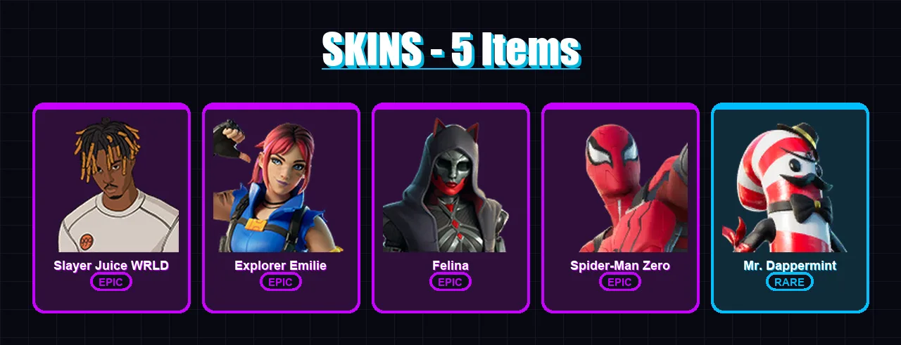 [PC/XBOX/PSN] | Slayer Juice WRLD | Explorer Emilie | Felina | Spider-Man Zero | Mr. Dappermint | 5 skin | 30 pickaxe | 11 emote | 20 glider | Lv284
