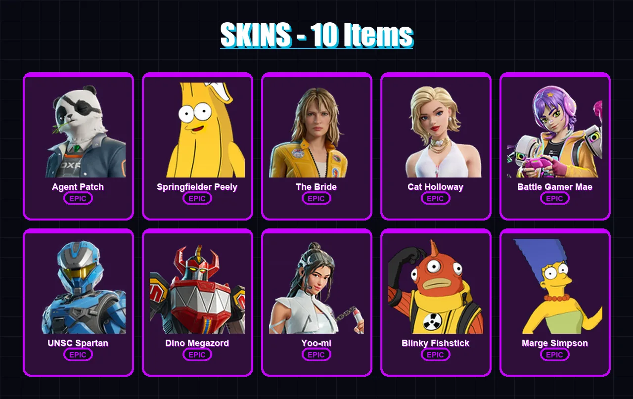 [PC/XBOX/PSN] | Agent Patch | Springfielder Peely | The Bride | Cat Holloway | Battle Gamer Mae | 10 skin | 28 pickaxe | 18 emote | 20 glider | Lv20
