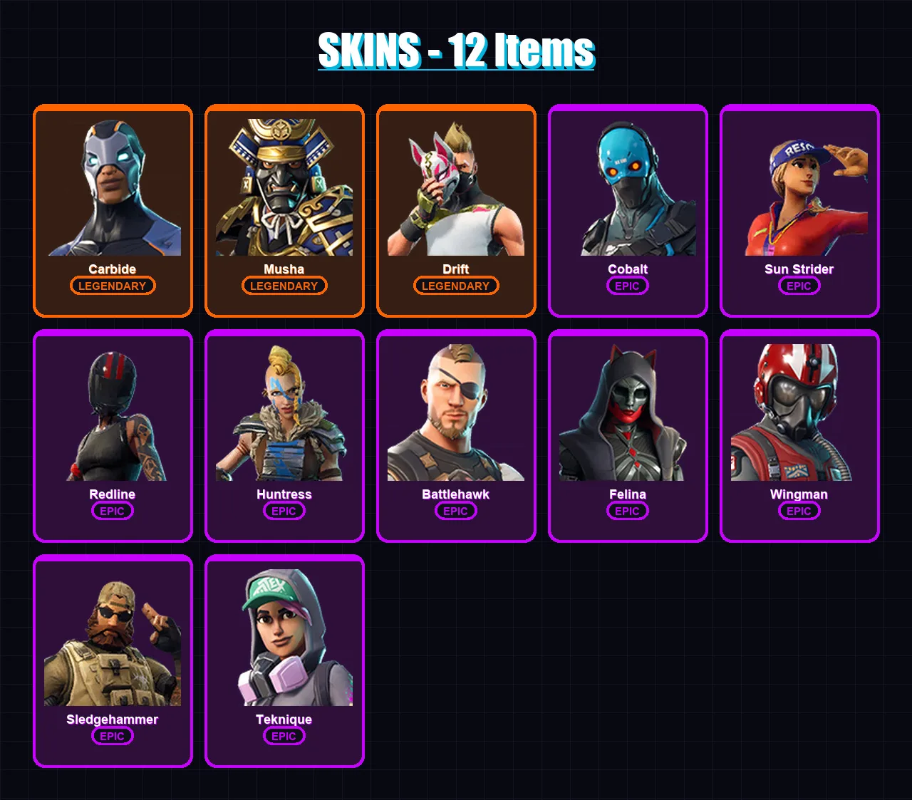 [PC/XBOX] | Carbide | Musha | Drift | Cobalt | Sun Strider | 12 skin | 16 pickaxe | 23 emote | 22 glider | Lv379