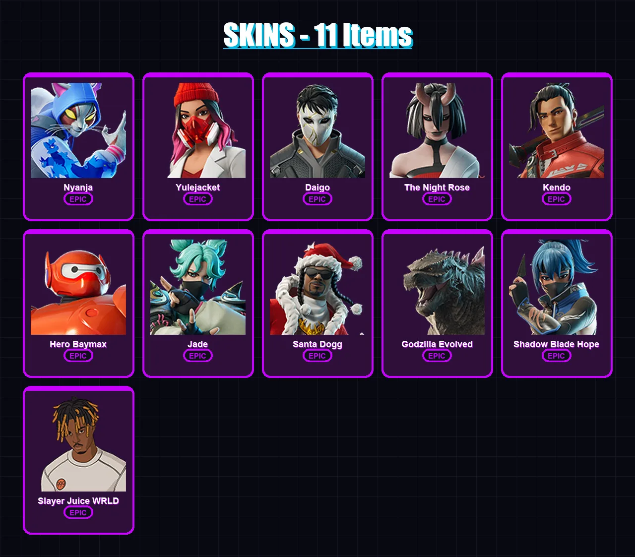 [PC/XBOX/PSN] | Nyanja | Yulejacket | Daigo | The Night Rose | Kendo | 11 skin | 26 pickaxe | 19 emote | 18 glider | Lv487