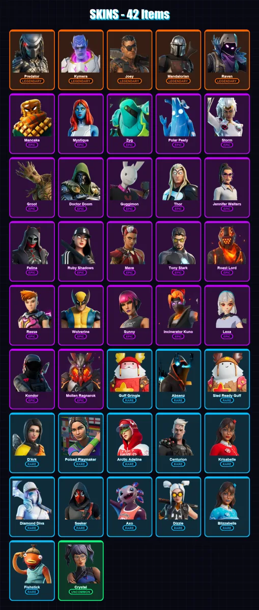 [PC/XBOX/PSN] | Predator | Kymera | Joey | Mandalorian | Raven | 42 skin | 64 pickaxe | 52 emote | 53 glider | Lv1018