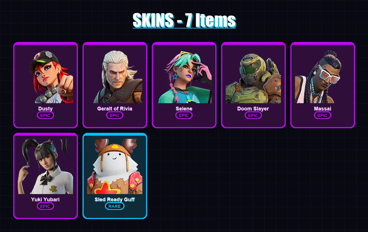 [PS4/PS5/XBOX/PC] | Dusty | Geralt of Rivia | Selene | Doom Slayer | Massai | 7 skin | 19 pickaxe | 18 emote | 19 glider | Lv294