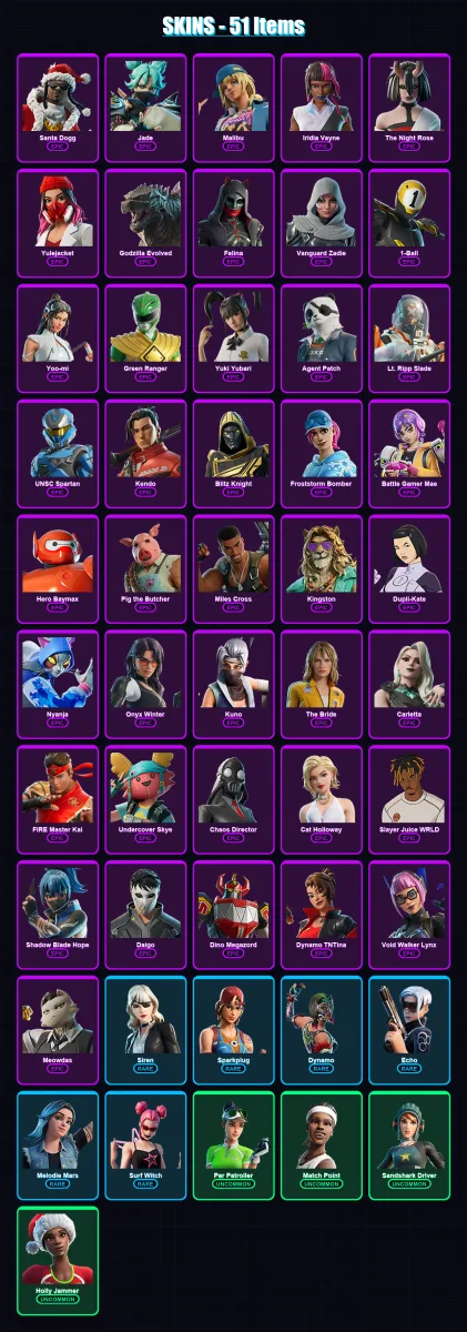 [PC/XBOX/PSN] | Santa Dogg | Jade | Malibu | Iridia Vayne | The Night Rose | 51 skin | 117 pickaxe | 72 emote | 66 glider | Lv2387 — Fortnite account