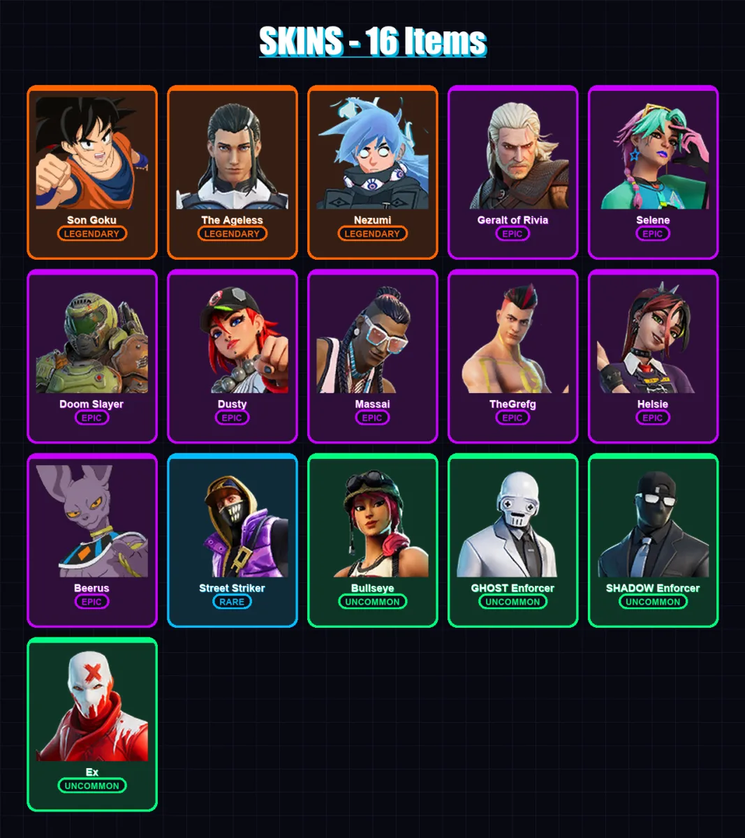 [PS4/PS5/XBOX/PC] | Son Goku | The Ageless | Nezumi | Geralt of Rivia | Selene | 16 skin | 23 pickaxe | 19 emote | 24 glider | Lv415