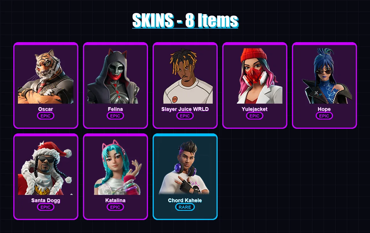 [PC/XBOX/PSN] | Oscar | Felina | Slayer Juice WRLD | Yulejacket | Hope | 8 skin | 28 pickaxe | 11 emote | 19 glider | Lv193
