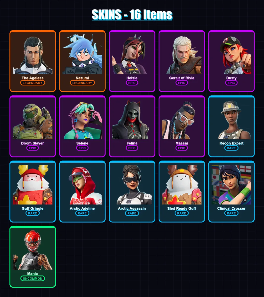 [PC/XBOX/PSN] | The Ageless | Nezumi | Helsie | Geralt of Rivia | Dusty | 16 skin | 29 pickaxe | 18 emote | 26 glider | Lv422
