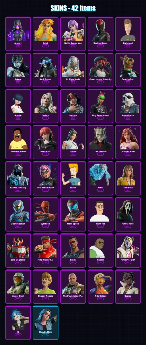[PC/XBOX/PSN] | Augury | Soleil | Battle Gamer Mae | Redline Racer | Butt-Head | 42 skin | 34 pickaxe | 29 emote | 15 glider | Lv76
