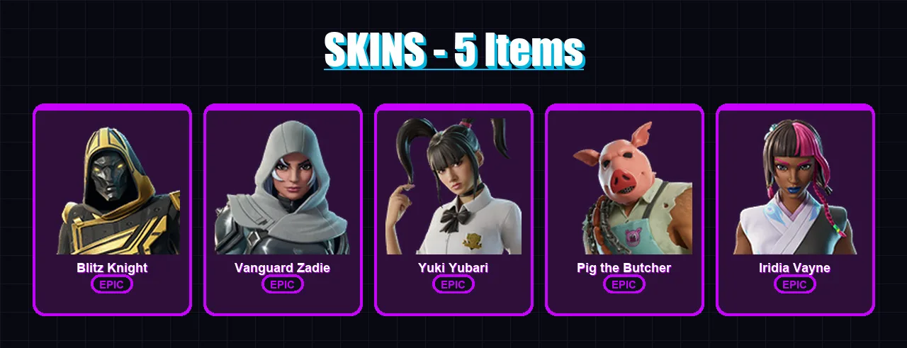 [PS4/PS5/XBOX/PC] | Blitz Knight | Vanguard Zadie | Yuki Yubari | Pig the Butcher | Iridia Vayne | 5 skin | 38 pickaxe | 15 emote | 25 glider | Lv47