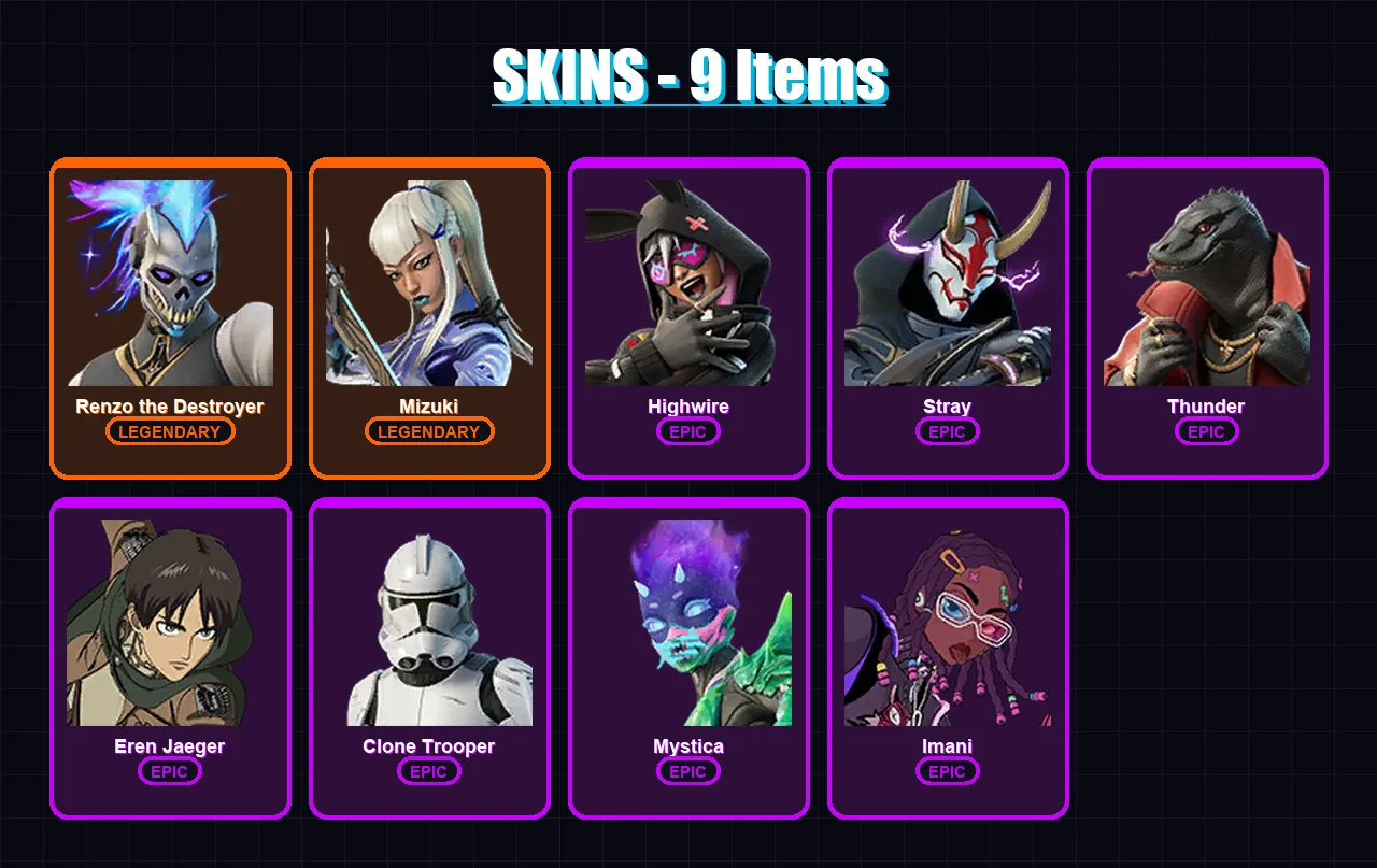 [PC/XBOX/PSN] | Renzo the Destroyer | Mizuki | Highwire | Stray | Thunder | 9 skin | 30 pickaxe | 17 emote | 28 glider | Lv374