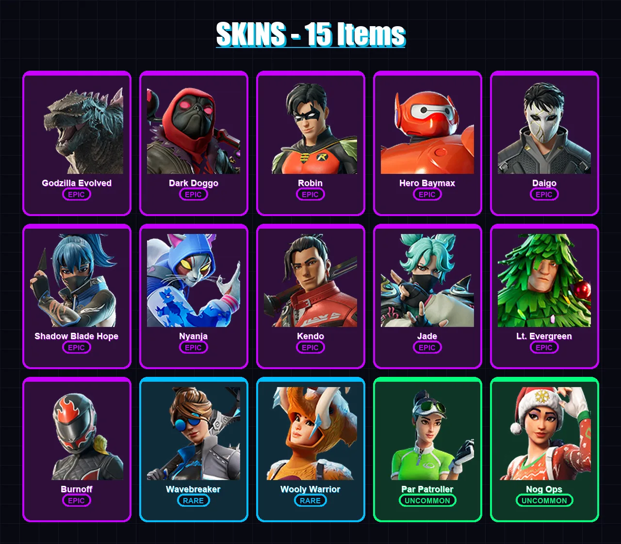 [PC/XBOX/PSN] | Godzilla Evolved | Dark Doggo | Robin | Hero Baymax | Daigo | 15 skin | 45 pickaxe | 29 emote | 41 glider | Lv582