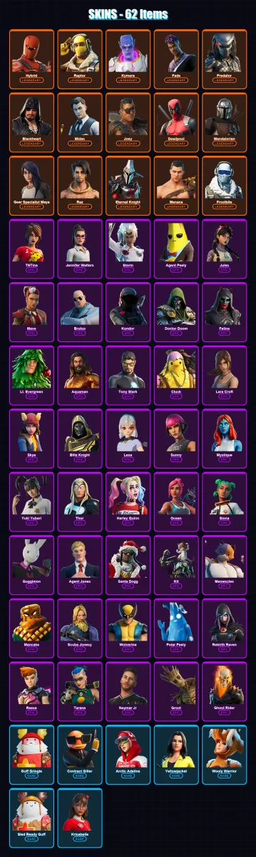 [PS4/PS5/XBOX/PC] | Hybrid | Raptor | Kymera | Fade | Predator | 62 skin | 103 pickaxe | 68 emote | 95 glider | Lv1322