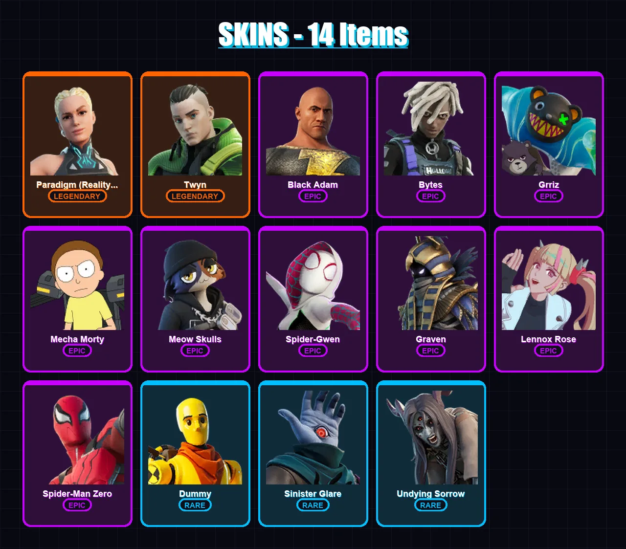 [PC/PSN] | Paradigm (Reality-659) | Twyn | Black Adam | Bytes | Grriz | 14 skin | 23 pickaxe | 15 emote | 20 glider | Lv265