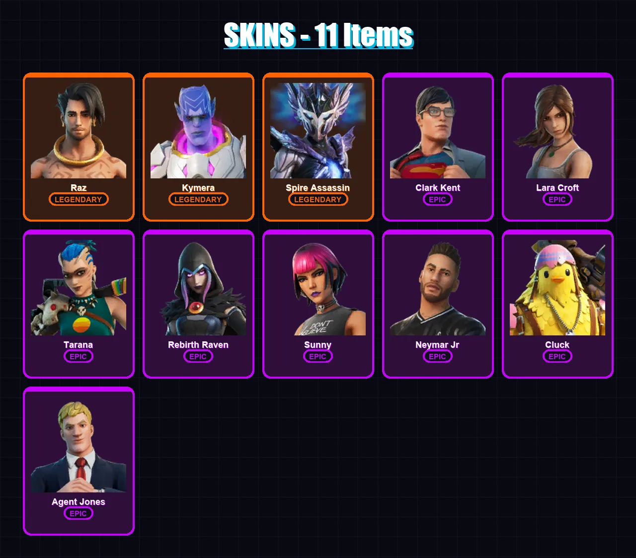 [PS4/PS5/XBOX/PC] | Raz | Kymera | Spire Assassin | Clark Kent | Lara Croft | 11 skin | 19 pickaxe | 25 emote | 24 glider | Lv425