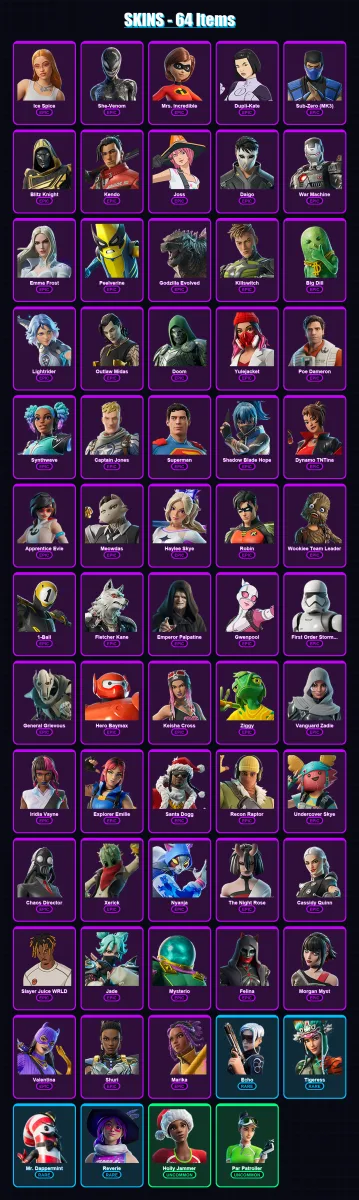 [PC/XBOX/PSN] | Ice Spice | She-Venom | Mrs. Incredible | Dupli-Kate | Sub-Zero (MK3) | 64 skin | 96 pickaxe | 54 emote | 62 glider | Lv2309